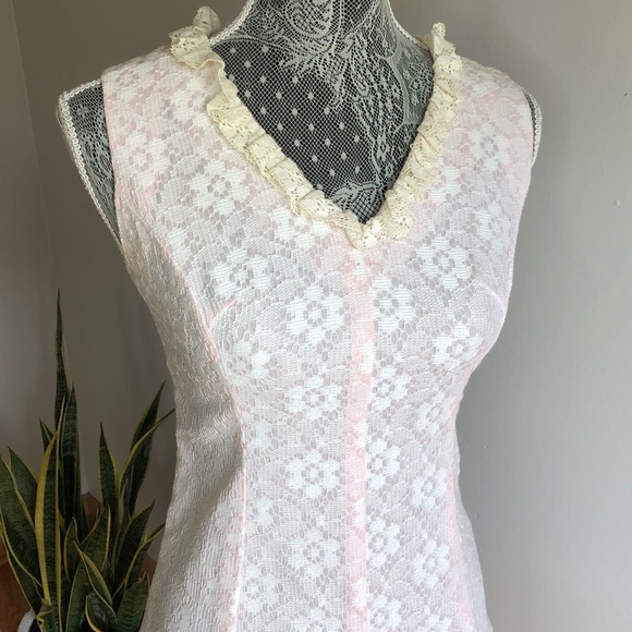 Vintage 60s pink white floral dress sleeveless blush mini ivory ruffle lace smal - Picture 6 of 11